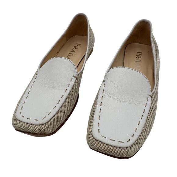 Sz 38.5 Prada Loafers Shoes Canvas Leather Vero Cuoio (All Leather) Soles - Picture 1 of 9